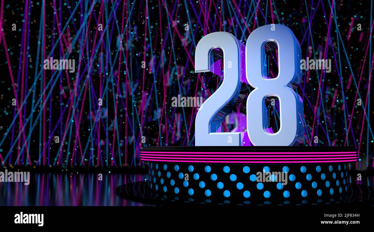 Solido numero 28 riflettente su un palco rotondo con luci blu e magenta con uno sfondo sfocato di luci laser e scintille bianche di celebrazione A. Foto Stock