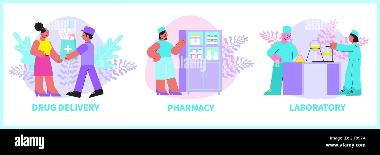 Set piatto di farmacia di somministrazione di farmaco farmacia laboratorio farmaceutico composizioni isolate illustrazione vettoriale Illustrazione Vettoriale