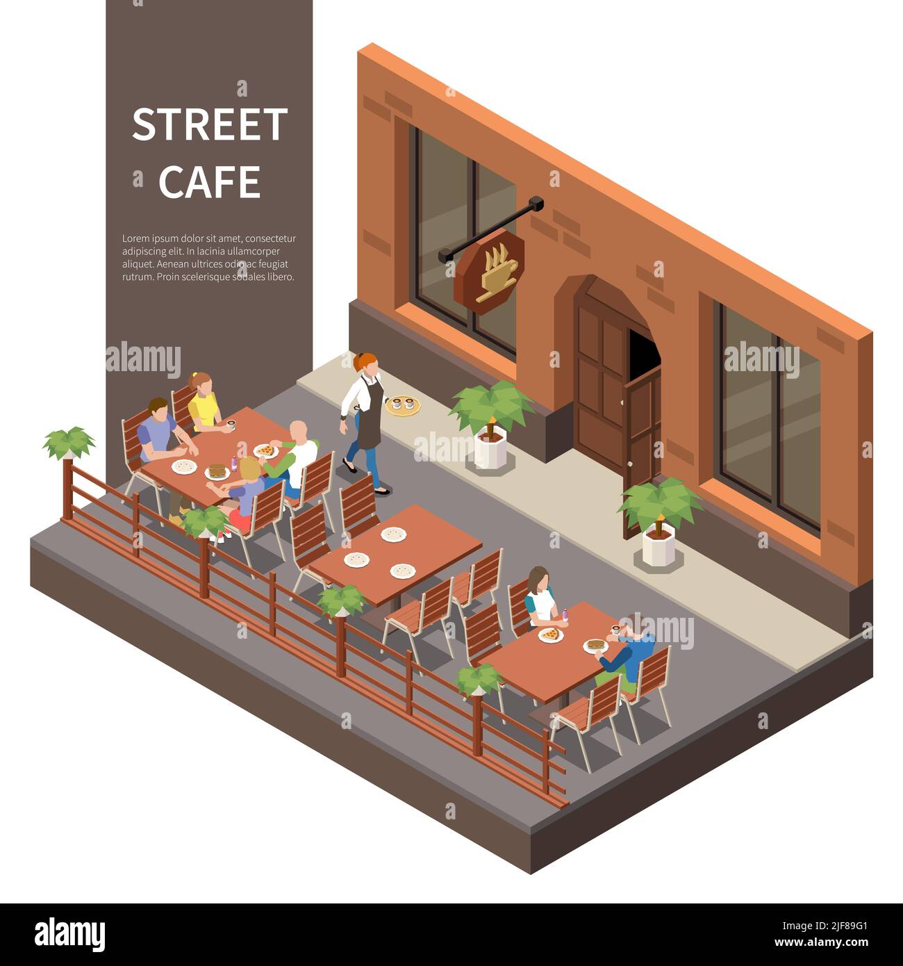 Street cafe terrazza isometrica composizione tre tavoli sulla strada con visitatori e cameriere illustrazione vettoriale Illustrazione Vettoriale