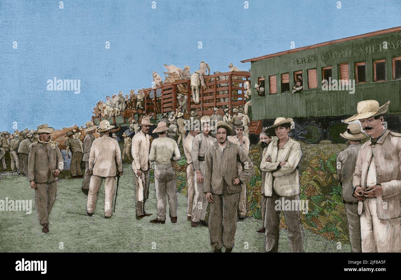 Guerra d'indipendenza cubana (1895-1898). Isola di Cuba. Treno militare che guida le truppe. Incisione. Successiva colorazione. La Ilustración Española y americana, 1898. Foto Stock