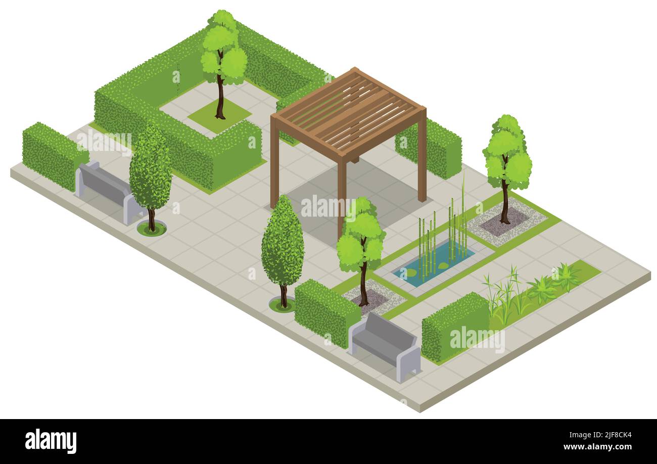 Paesaggio disegno composizione isometrica con vista del parco pubblico con alberi recinzioni verdi e terrazza illustrazione vettoriale Illustrazione Vettoriale