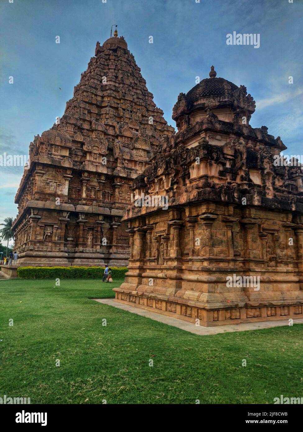 Un colpo verticale del Tempio Shore in Mahabalipuram India con erba e un cielo blu Foto Stock