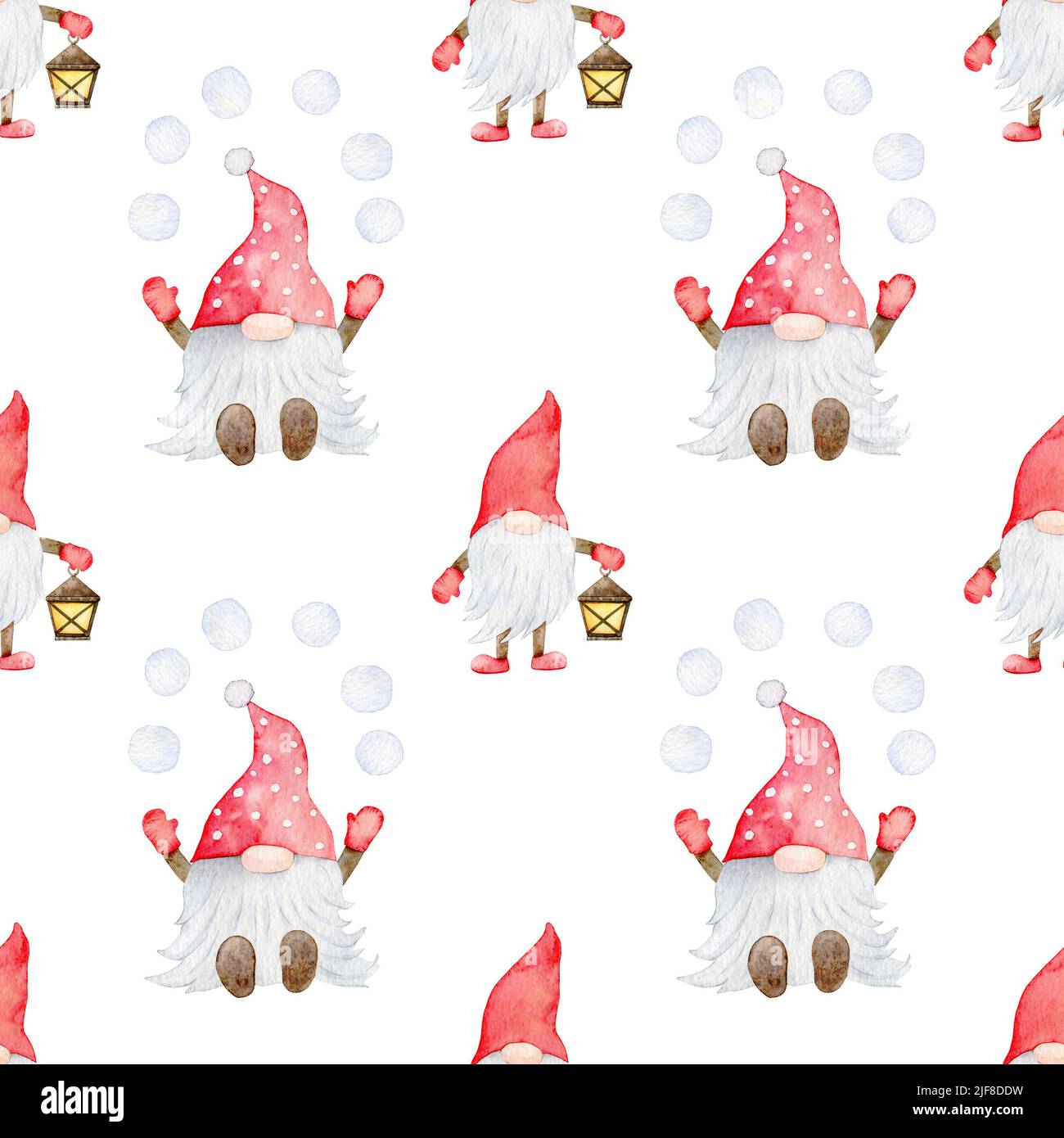 Acquerello Christmas gnome Seamless Pattern, carta da imballaggio su sfondo bianco Foto Stock