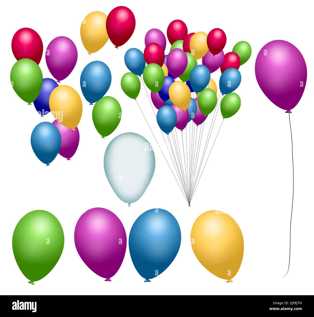 Palloncini di elio, palloncini giocattolo, sono isolati su uno sfondo bianco in un'illustrazione di 3-d da utilizzare come risorsa grafica. Foto Stock