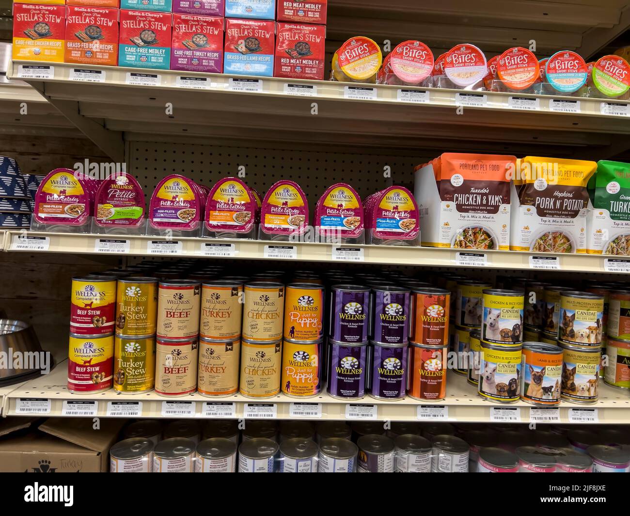 Seattle, WA USA - circa Giugno 2022: Primo piano di vendita di cibo per cani umidi all'interno di un negozio di PET Pros Foto Stock