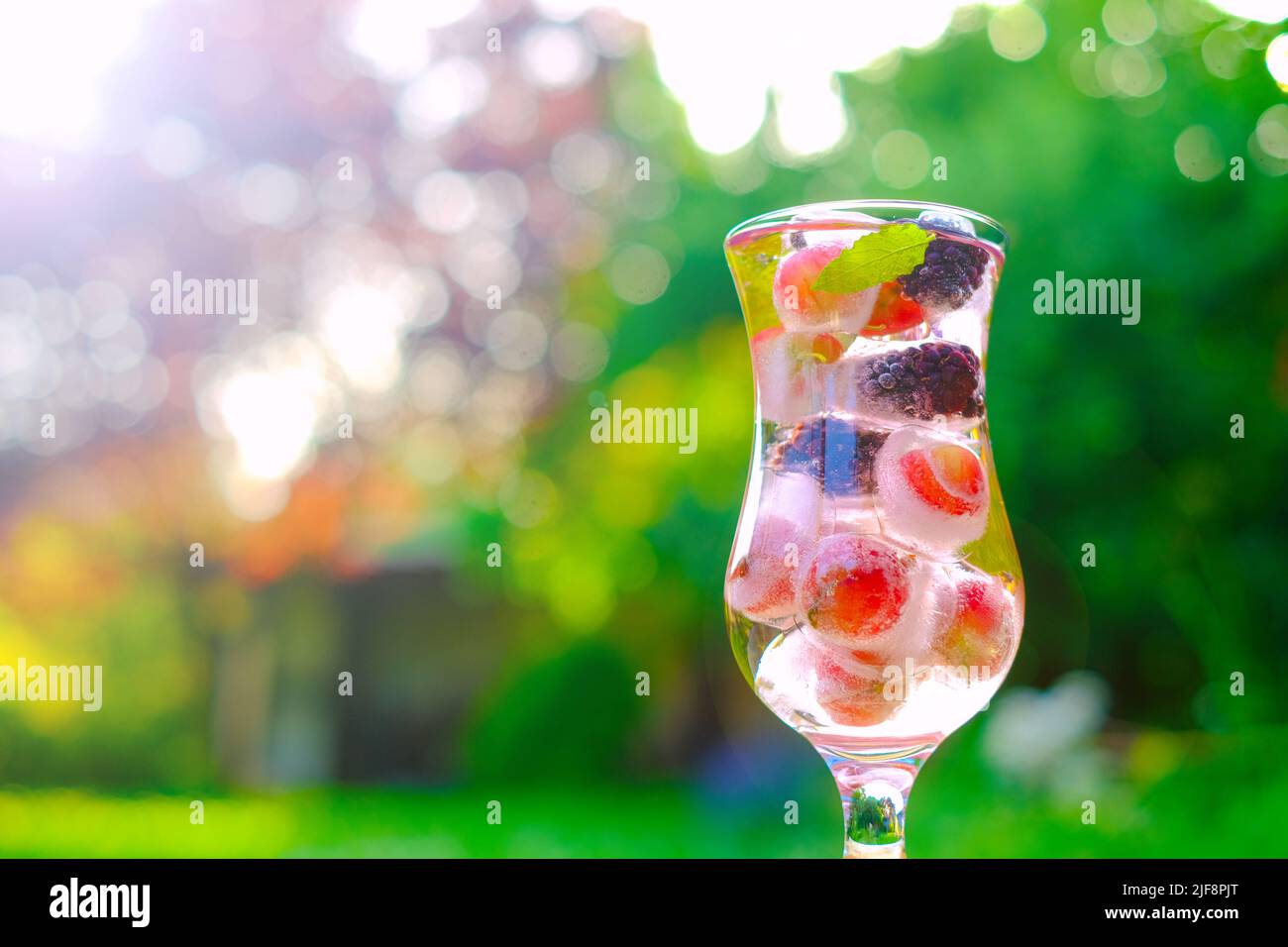 Cocktail Berry. Acqua minerale con bacche e ghiaccio. Drink rinfrescante estivo. Bevanda Berry con ghiaccio Foto Stock
