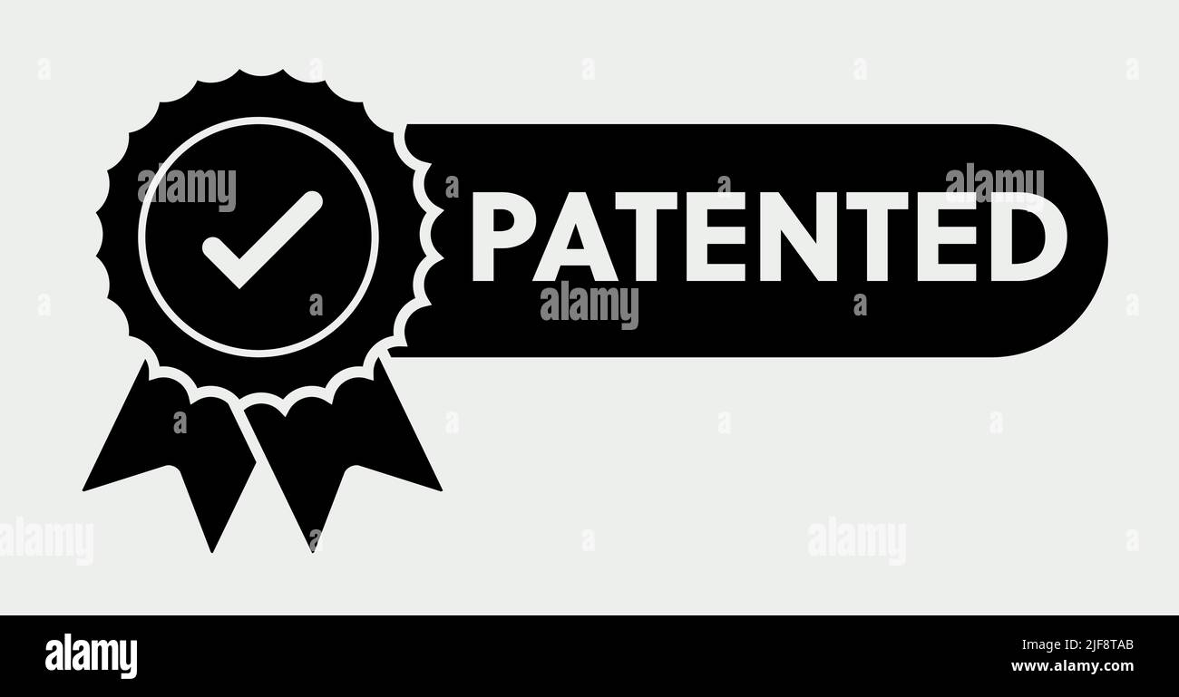 Icona del badge con timbro di brevetto in bianco e nero, etichetta con simbolo di sigillo con licenza brevettata con successo etichetta isolata con segno di spunta immagine Illustrazione Vettoriale