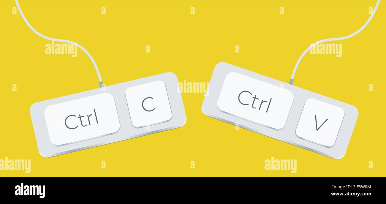 Tasti Ctrl C e Ctrl V, copiare e incollare i tasti di scelta rapida. Icona del computer su sfondo giallo Illustrazione Vettoriale