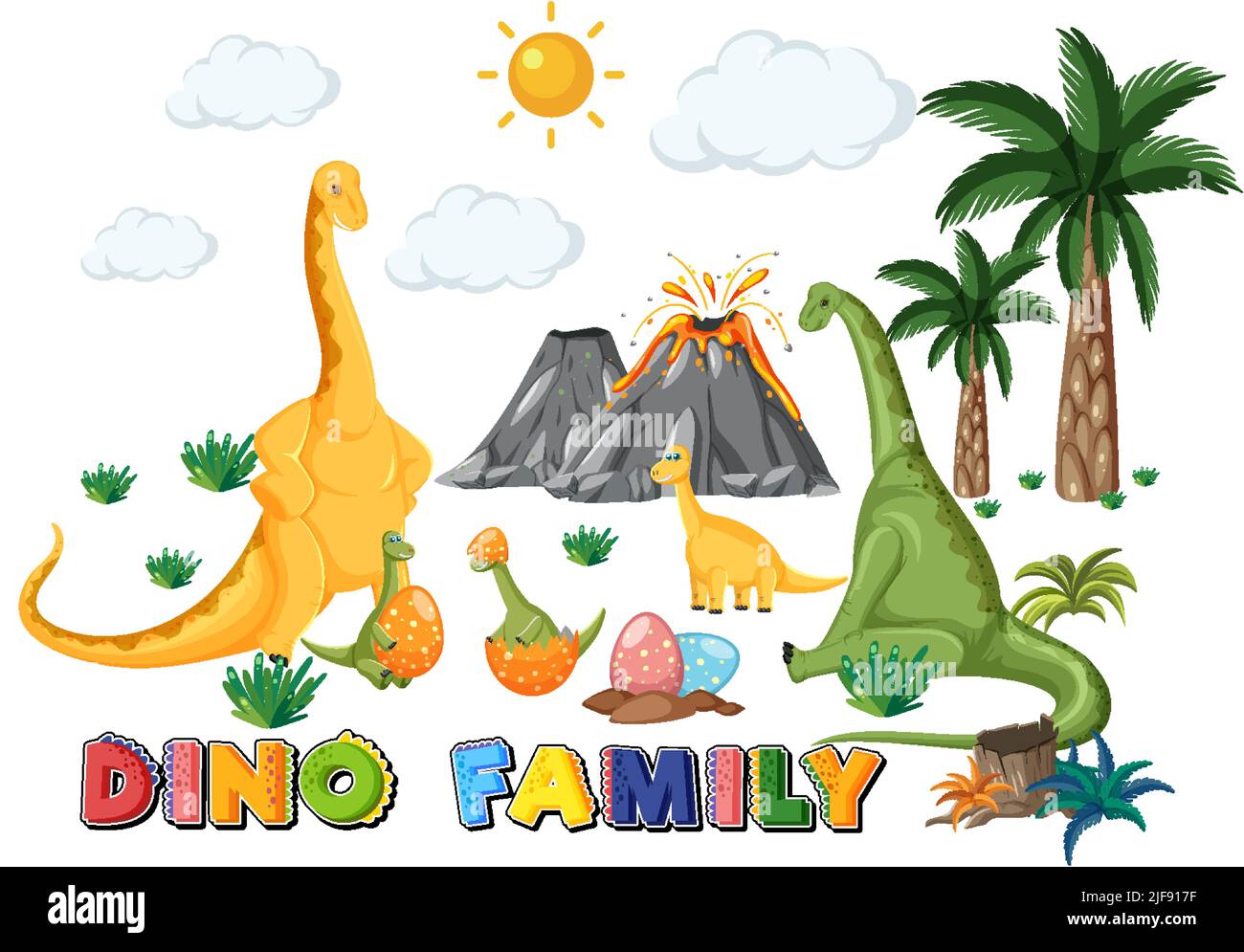 Famiglia di dinosauri con illustrazione di oggetti di foresta Illustrazione Vettoriale