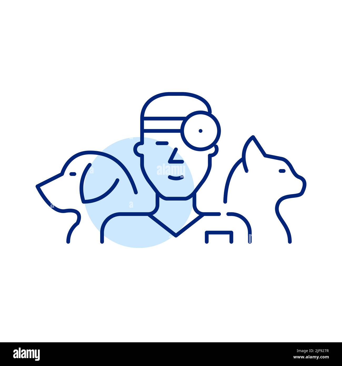 Icona medico veterinario. Giovane uomo con cane e gatto. Pixel Perfect, icona grafica con linea di traccia modificabile Illustrazione Vettoriale