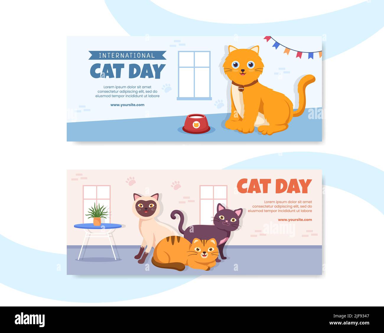 International Cat Day Social Media Banner Template Flat Cartoon background Vector Illustration Illustrazione Vettoriale