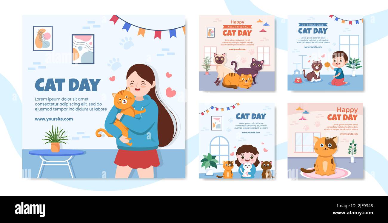 International Cat Day Social Media Post Template Flat Cartoon background Vector Illustration Illustrazione Vettoriale