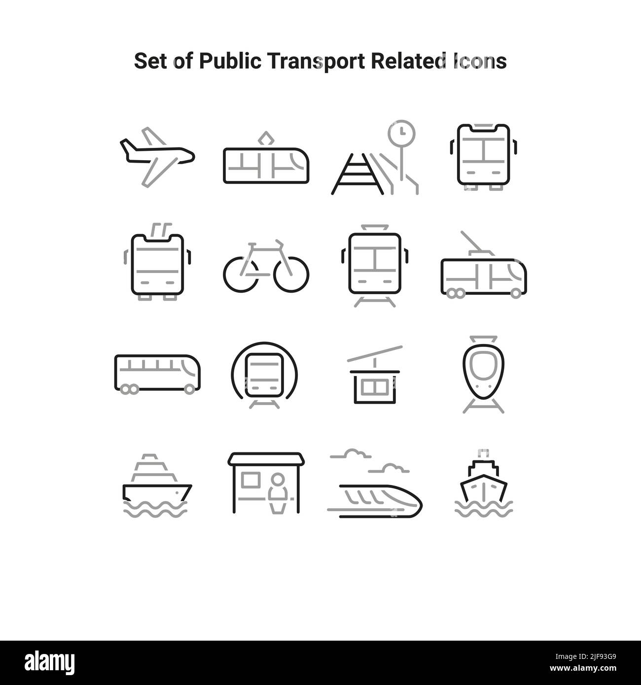 Set semplice di icone relative alla linea vettoriale per il trasporto pubblico. Collezione di icone dei trasporti pubblici. Set semplice di icone relative alla linea vettoriale per il trasporto pubblico. Illustrazione Vettoriale