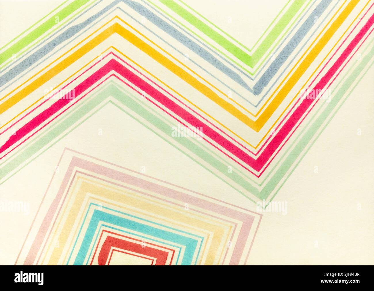 Forma quadrata e linee colorate a zigzag su carta, illustrazione astratta Foto Stock