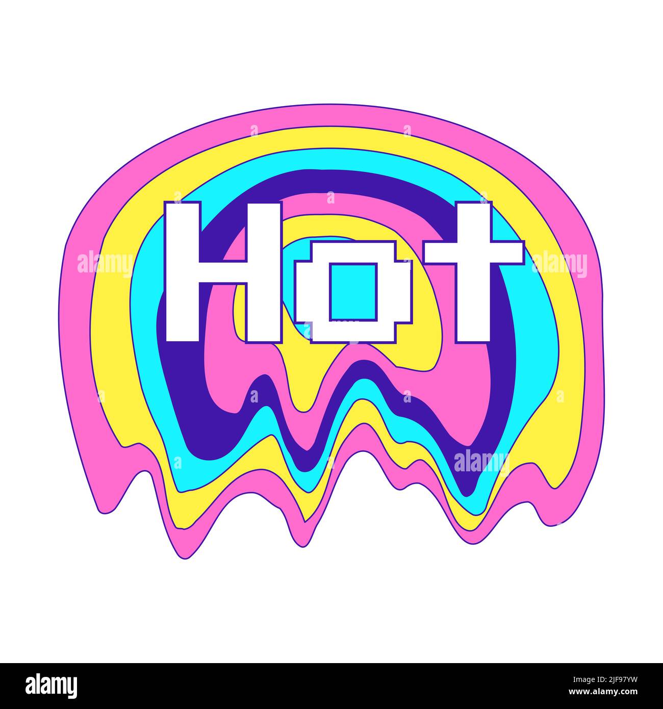 Y2K adesivo con un'ellisse dell'arcobaleno che si fonde e la parola Hot. Elemento grafico di testo in colori acidi brillanti. Nostalgia per il 2000s. Semplice illust vettoriale Illustrazione Vettoriale