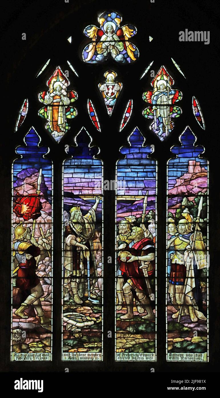 Vetrata di Percy Bacon & Brothers raffigurante David alla Grotta di Abullam, Chiesa di Santa Maria Maddalena, Ecton, Northamptonshire Foto Stock