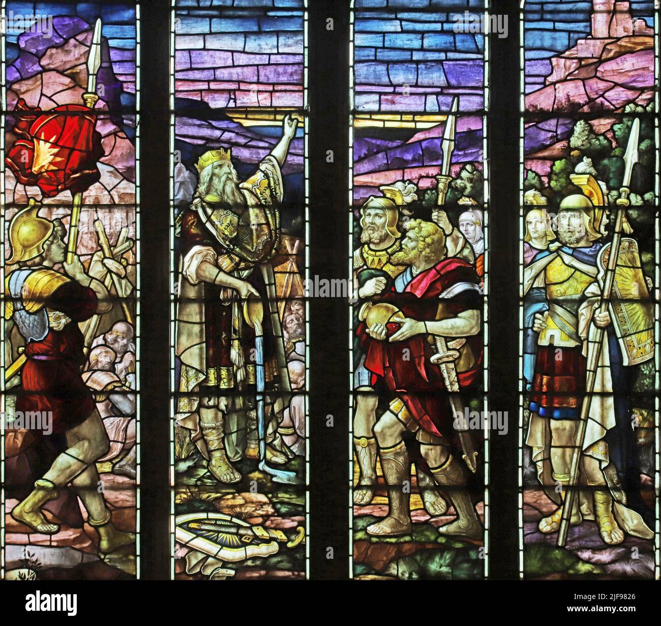 Vetrata di Percy Bacon & Brothers raffigurante David alla Grotta di Abullam, Chiesa di Santa Maria Maddalena, Ecton, Northamptonshire Foto Stock