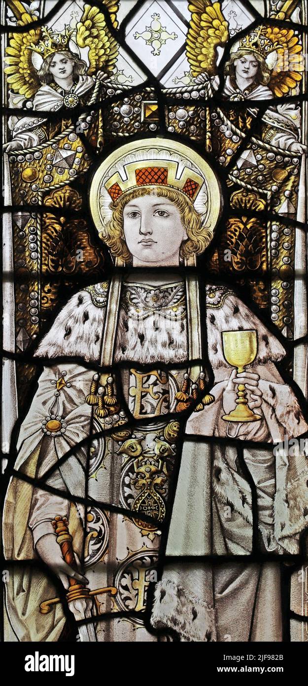 Vetrata di Percy Bacon & Brothers raffigurante re Edoardo Martire, Chiesa di Santa Maria, Tarrant Hinton, Dorset Foto Stock