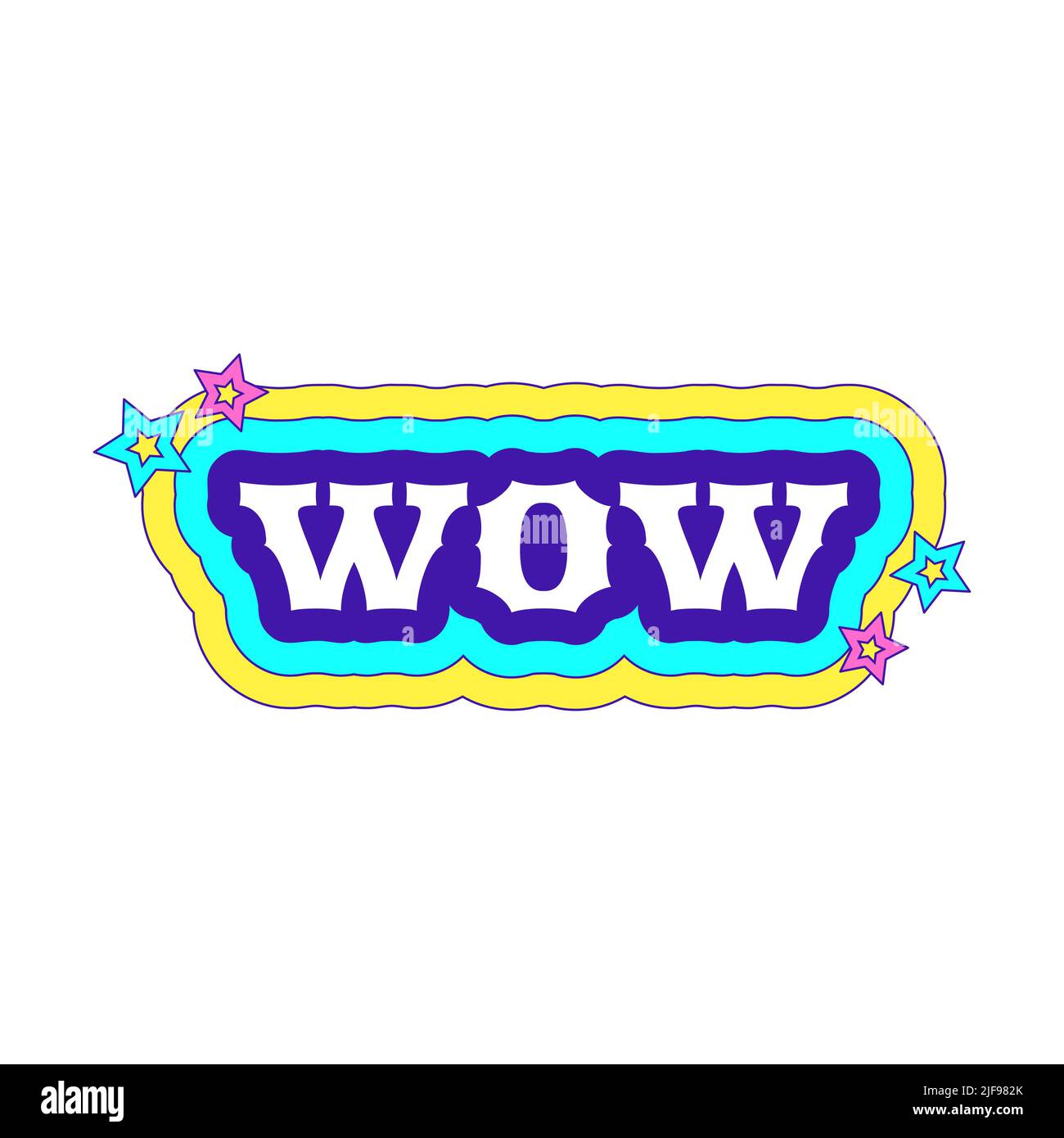 Y2K adesivo con la parola WOW con contorno colore e stelle. Elemento grafico di testo in colori acidi brillanti. Nostalgia per il 2000s. Illustrazione vettore semplice Illustrazione Vettoriale