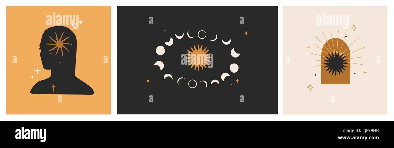 Disegno a mano vettore astratto stock flat grafica illustrazioni set con elemento logo, astrologia bohémien arte magica di spazio galassico, luna crescente, stelle, sole Illustrazione Vettoriale