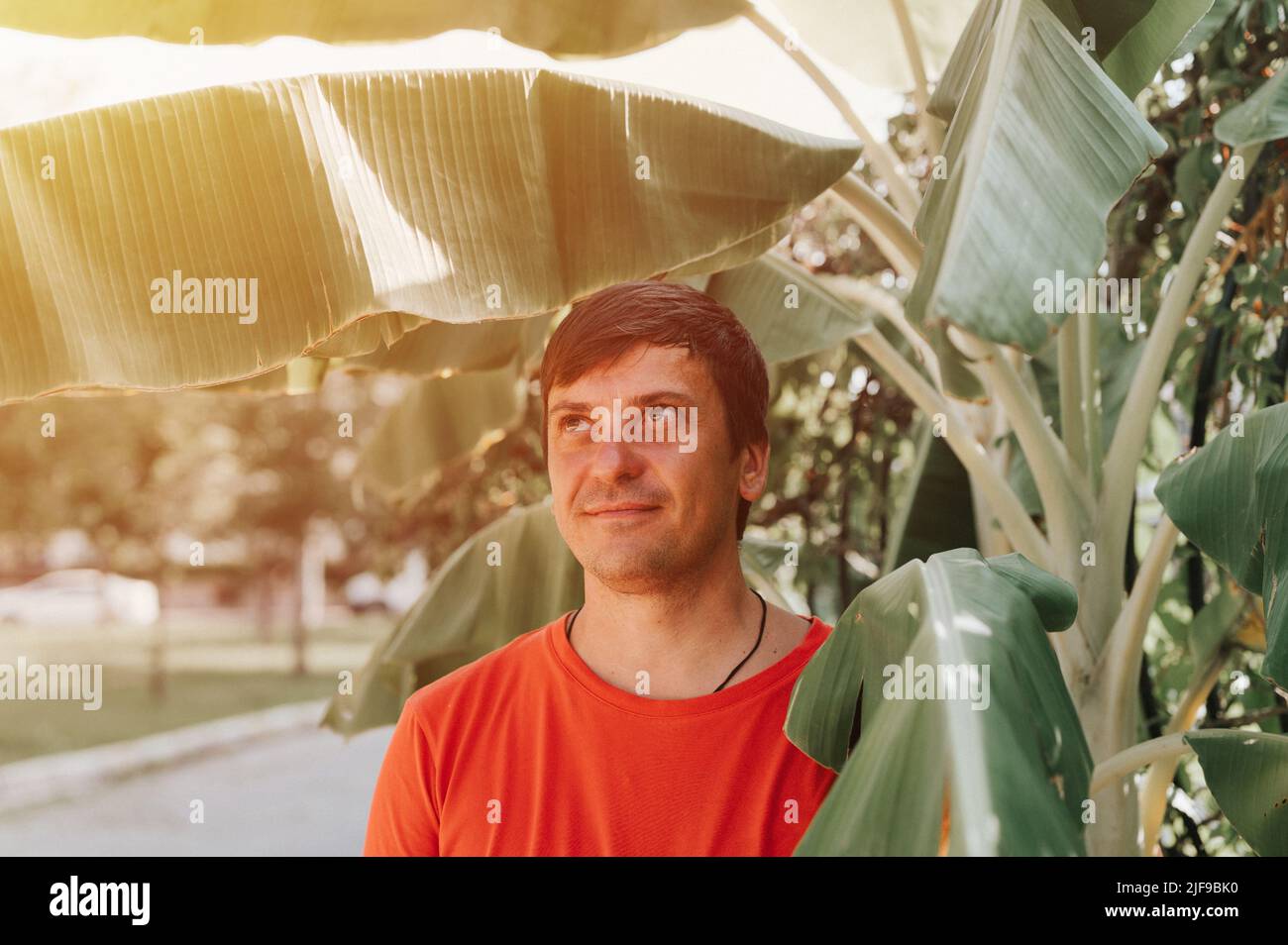 ritratto del viso felice sorridente non rasato maturo 40+ anni uomo solo viaggiatore con stoppia sullo sfondo di piante verdi foglie di palma in natura al sole Foto Stock