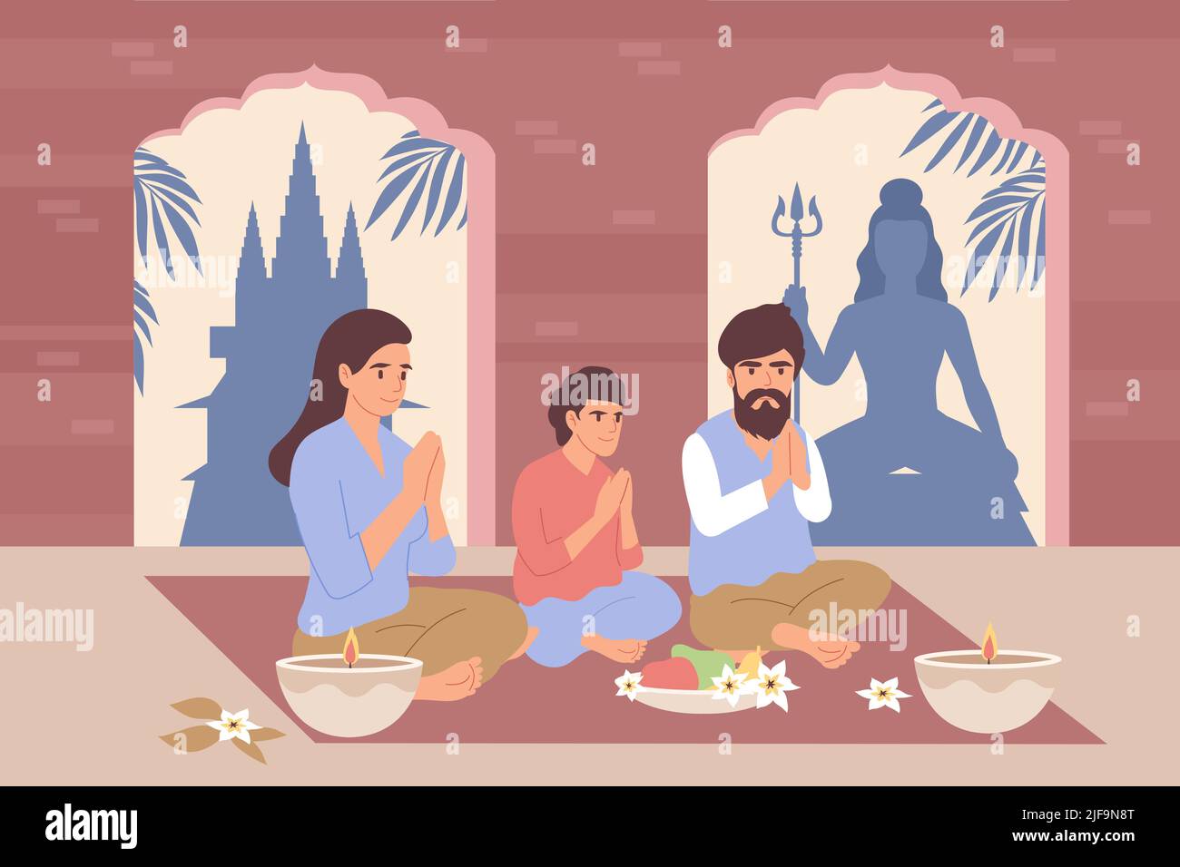 Hinduism fondo piatto con la famiglia indiana seduta in posa asana ed esecuzione religiosa rituale vettore illustrazione Illustrazione Vettoriale