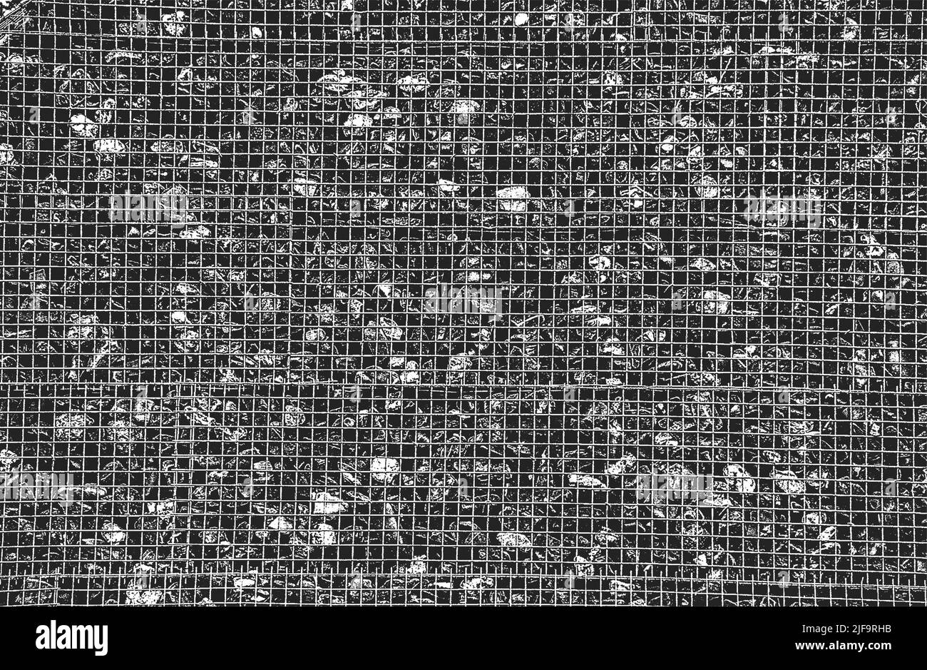 Stressata trama di pietre, rocce, ciottoli, macadam all'interno della maglia metallica, rete. Sfondo grunge. Illustrazione vettoriale astratta mezzitoni Illustrazione Vettoriale