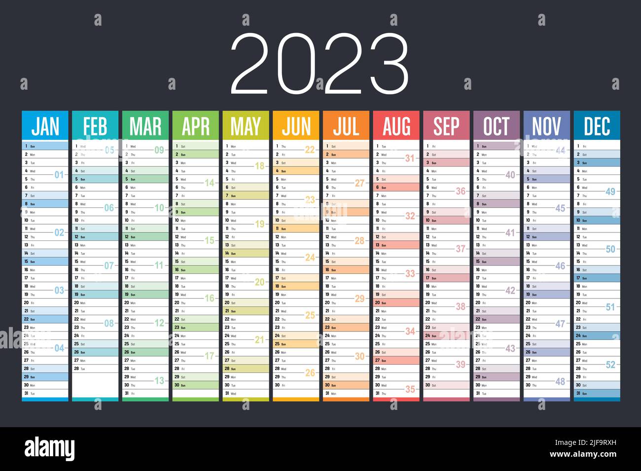 Anno 2023 calendario colorato su sfondo scuro. Modello vettoriale. Illustrazione Vettoriale