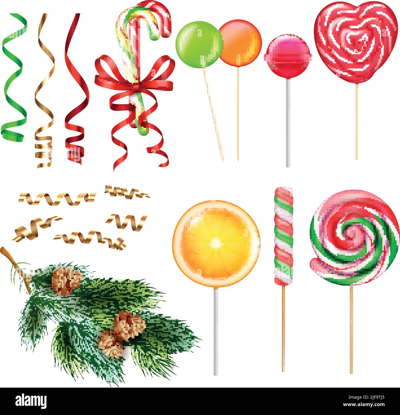 Regali di Natale presenta accessori realistico set con nastro serpentino abete albero decorazioni caramelle caramello lollypops illustrazione vettoriale Illustrazione Vettoriale