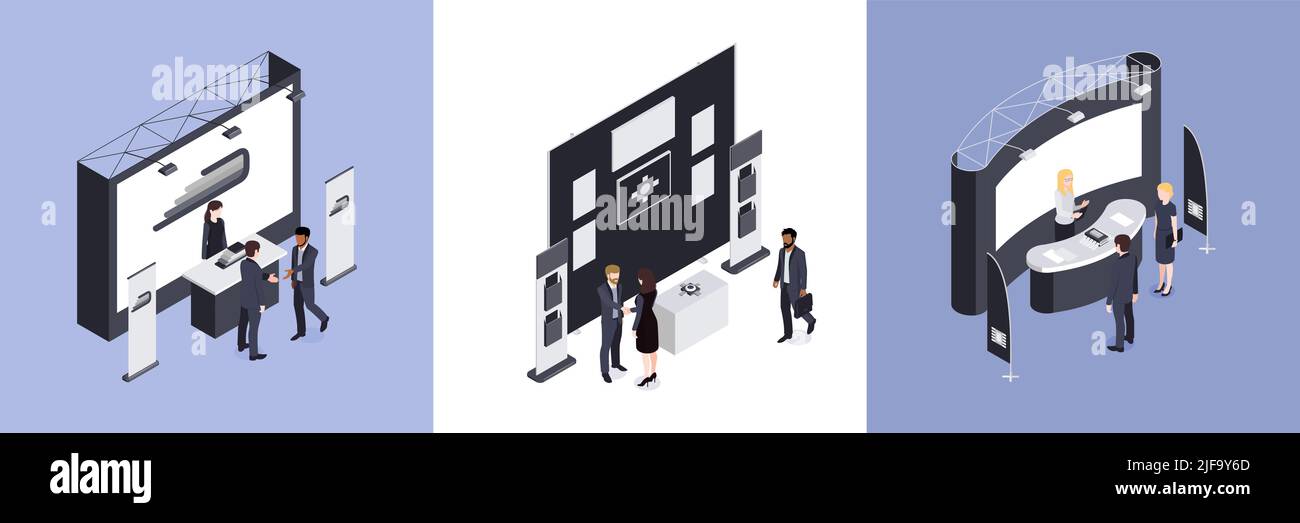 Mostra design concept set di tre composizioni quadrate con consulenti in piedi vicino alla mostra promozionale stand isometrici vettore illustrazione Illustrazione Vettoriale