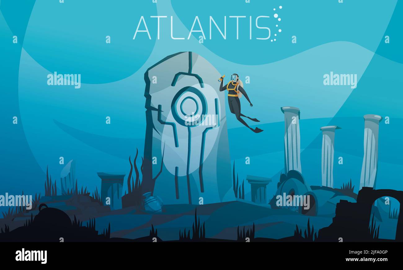 Atlantis sul fondo dell'oceano illustrazione vettoriale con subacqueo in tuta subacquea su sfondo antiche rovine Illustrazione Vettoriale