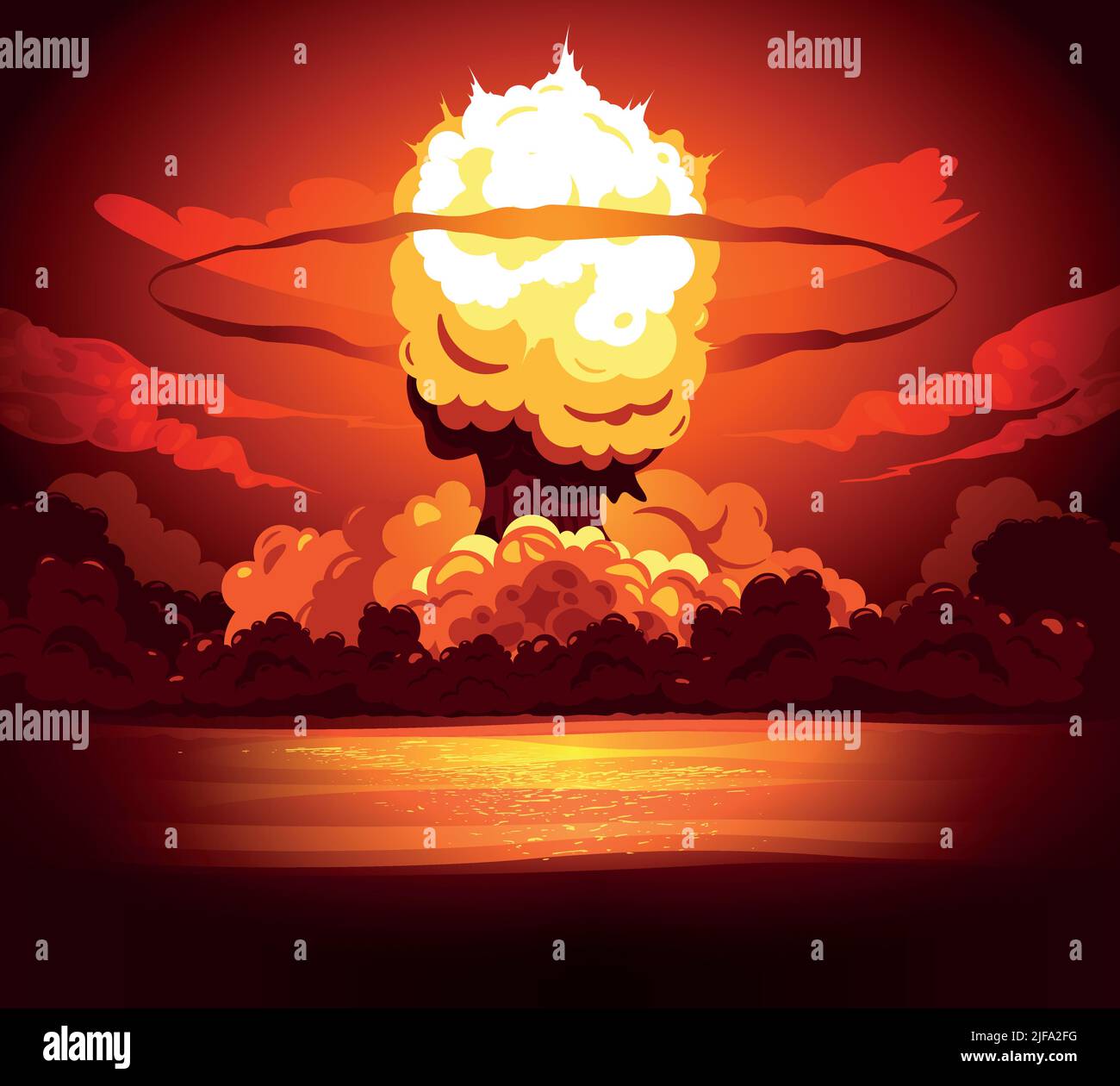 Potente bomba esplosione bang producendo enorme a forma di fungo nuvola di fuoco con calore bagliore colori dintorni illustrazione vettoriale Illustrazione Vettoriale