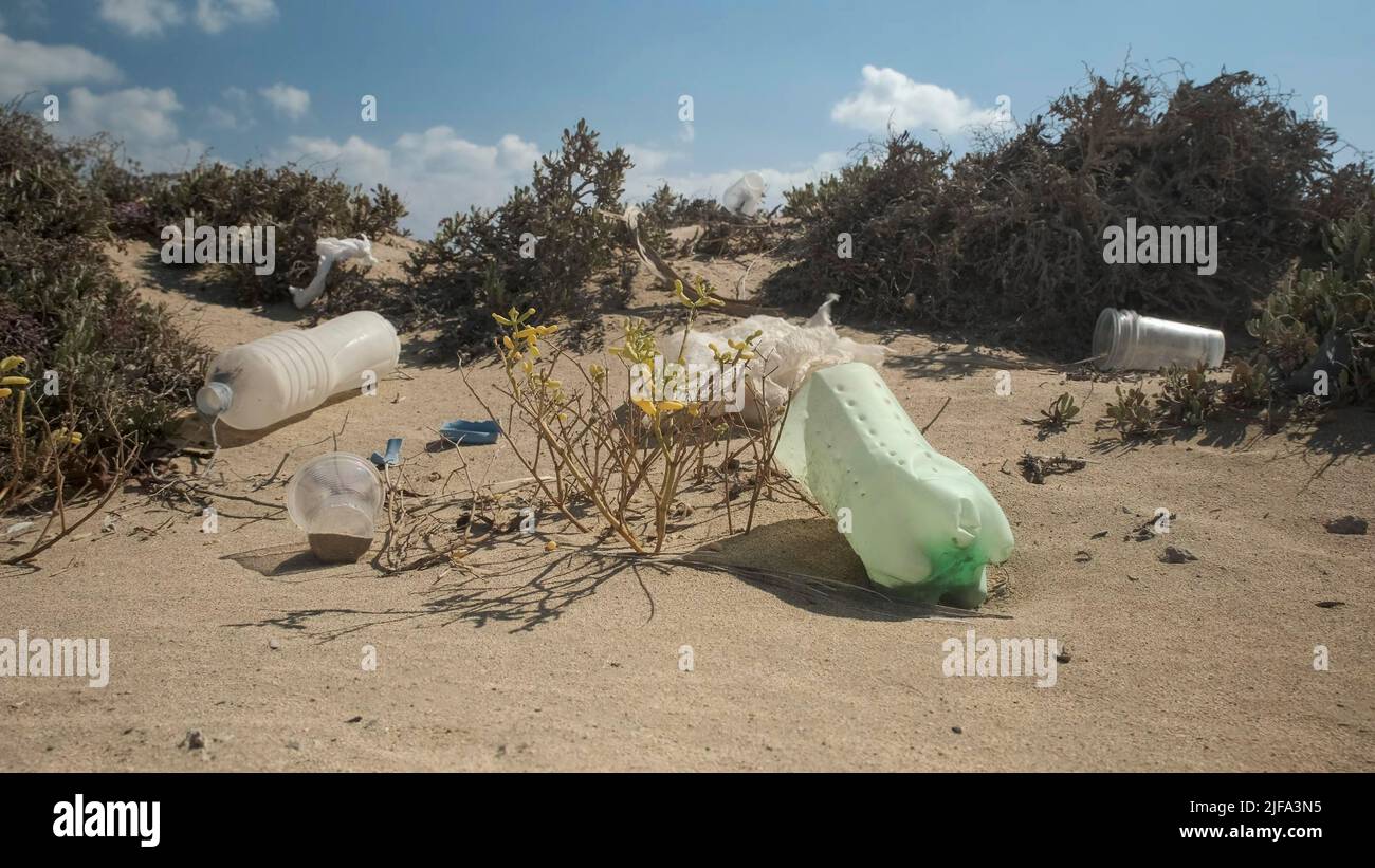 Rifiuti di plastica nel deserto. Inquinamento plastico in deserto sabbioso. Egitto Foto Stock