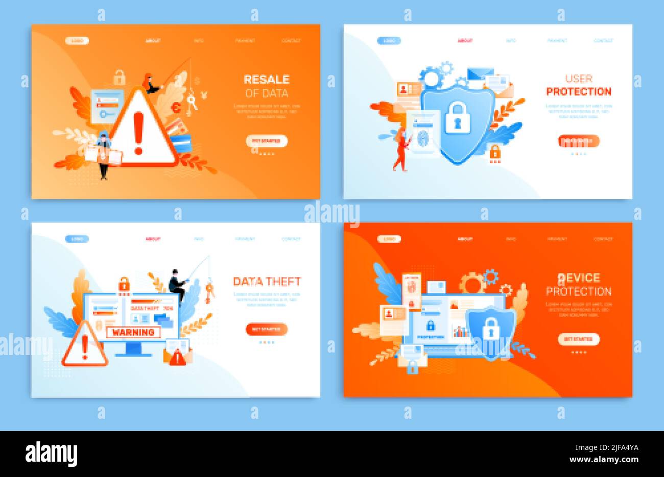 Privacy dei dati siti web schede flat set di quattro banner orizzontali con link cliccabili e pulsanti illustrazione vettoriale Illustrazione Vettoriale