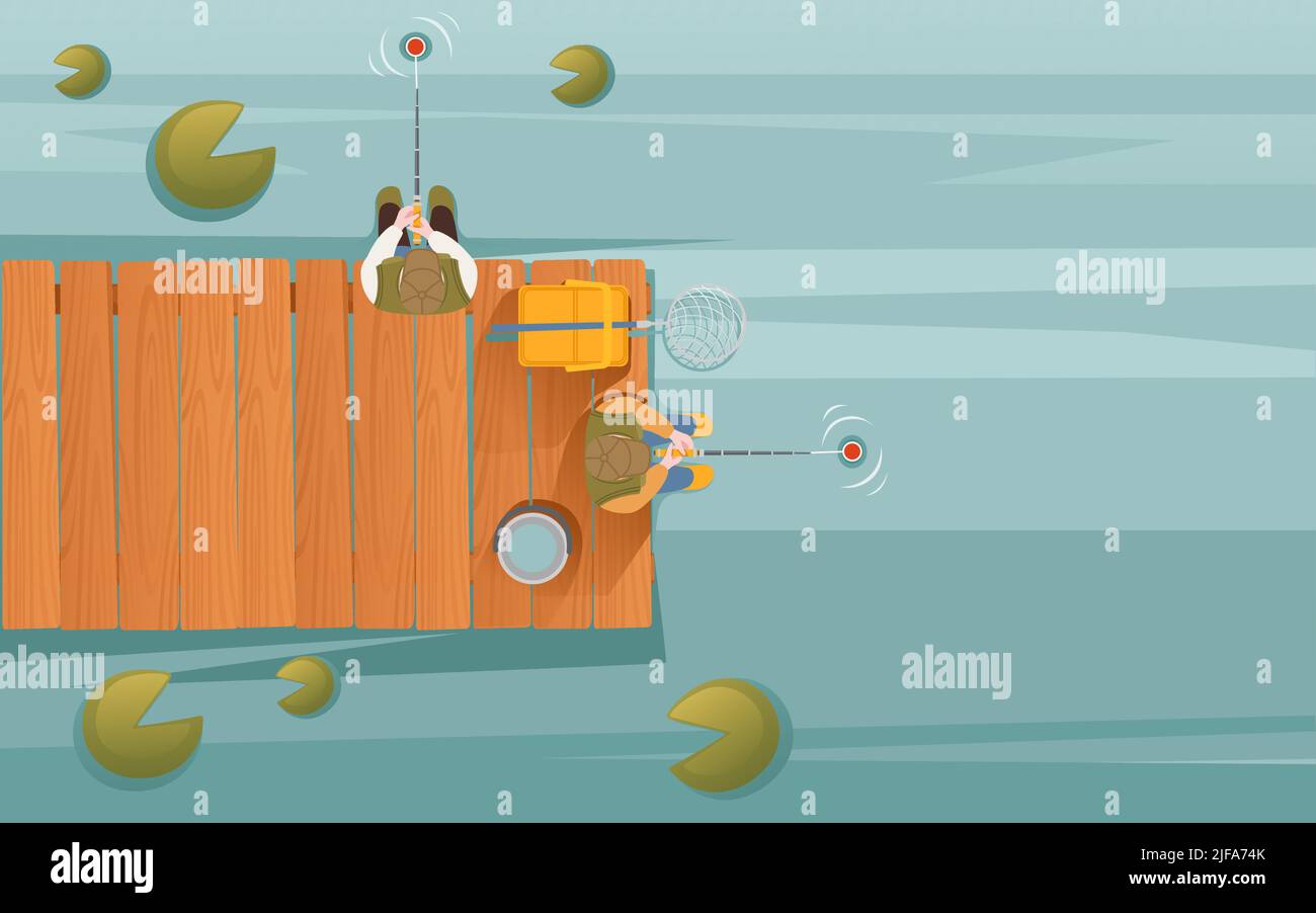 Il pescatore siede sul molo di legno e pesca con illustrazione vettore di canna Illustrazione Vettoriale