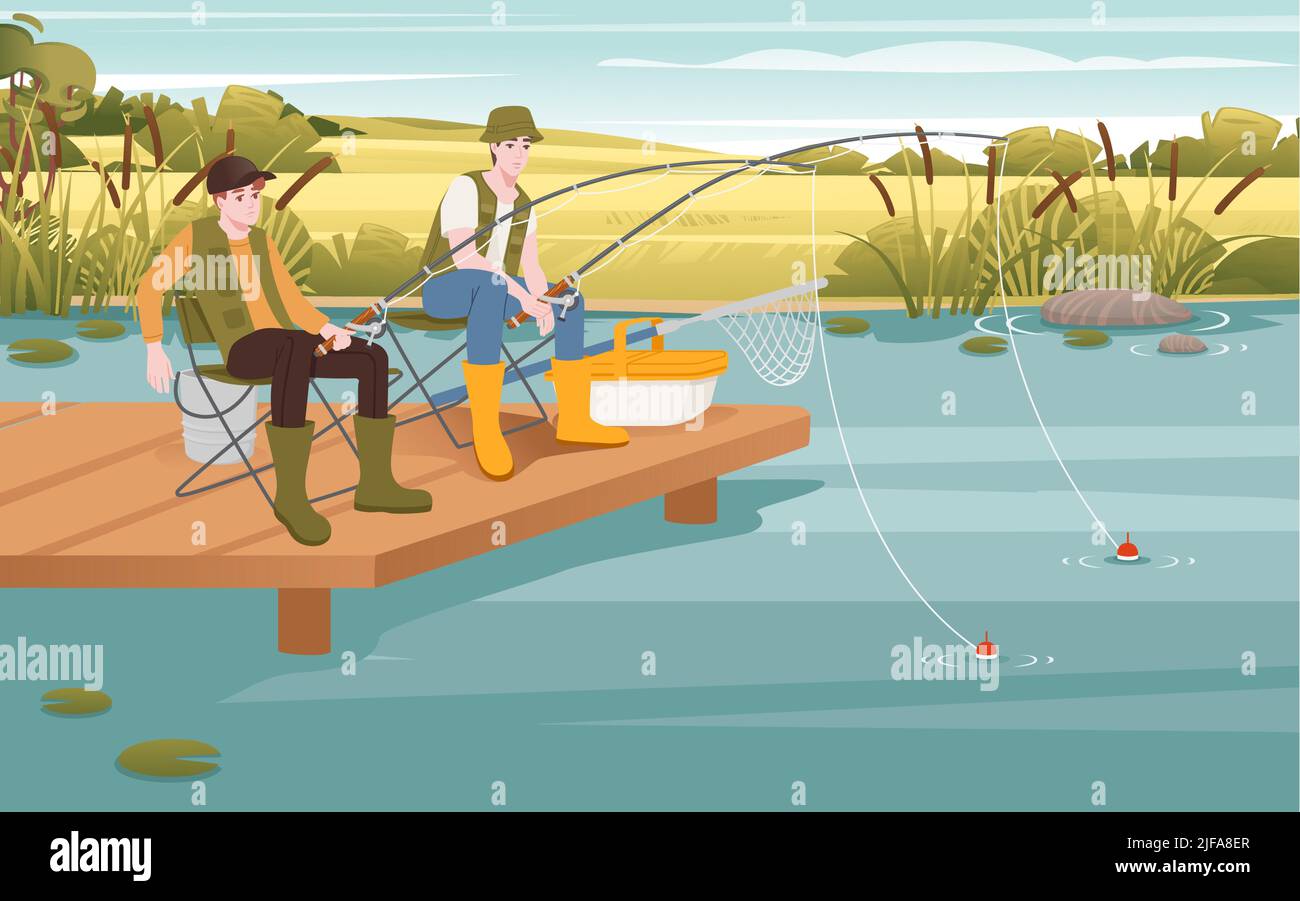 Fishermans siede su un molo di legno e pesca con illustrazione vettore di canna Illustrazione Vettoriale