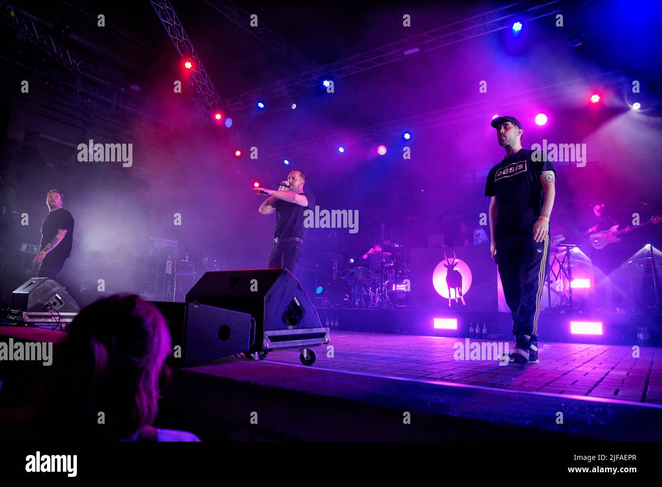 Auf dem Traumzeit-Festival im Landschaftspark Duisburg Nord trat die Hip Hop Band 'Antipen Gang' auf. v.l. Panik Panzer, Danger Dan, Koliah. Foto Stock