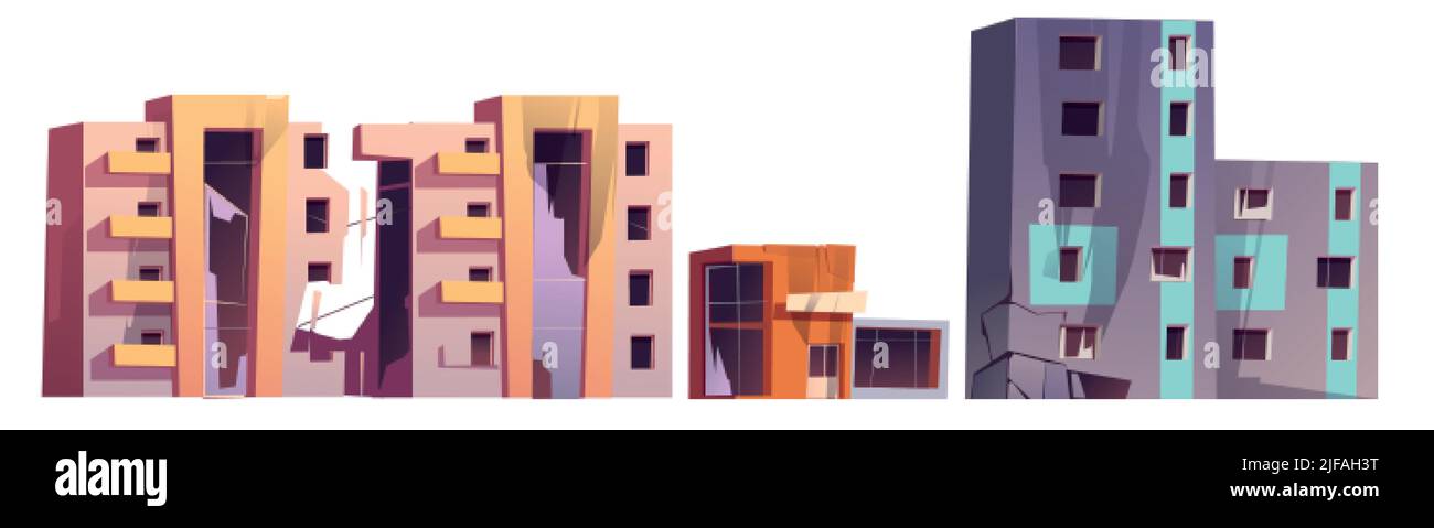 Distrutti edifici della città dopo il disastro naturale, la guerra o l'apocalisse. Set vettoriale cartoon di case e negozi sporchi e demoliti, rovine della città a poppa Illustrazione Vettoriale