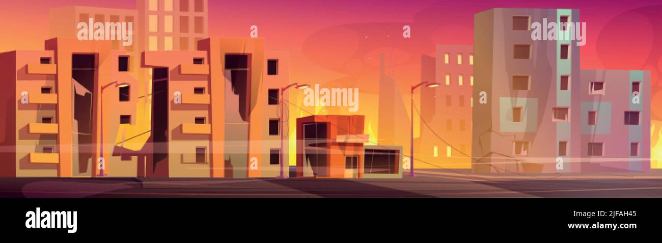 Distrutta strada della città con case rotte, fuoco e fumo. Illustrazione vettoriale di cartoni animati di edifici abbandonati demoliti sulla strada della città dopo la guerra, nucl Illustrazione Vettoriale