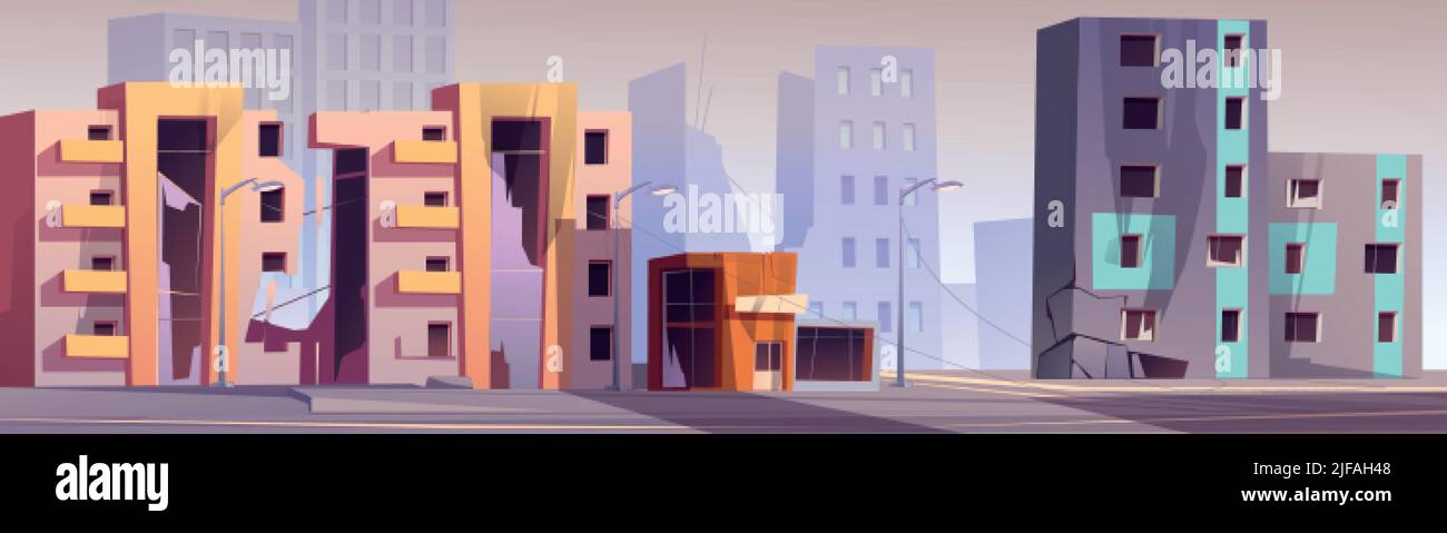 Distrutti edifici della città dopo il disastro naturale, guerra o paesaggio di apocalisse. Vettore cartoon sporco rotto e demolito case e magazzino, rovine della città Illustrazione Vettoriale