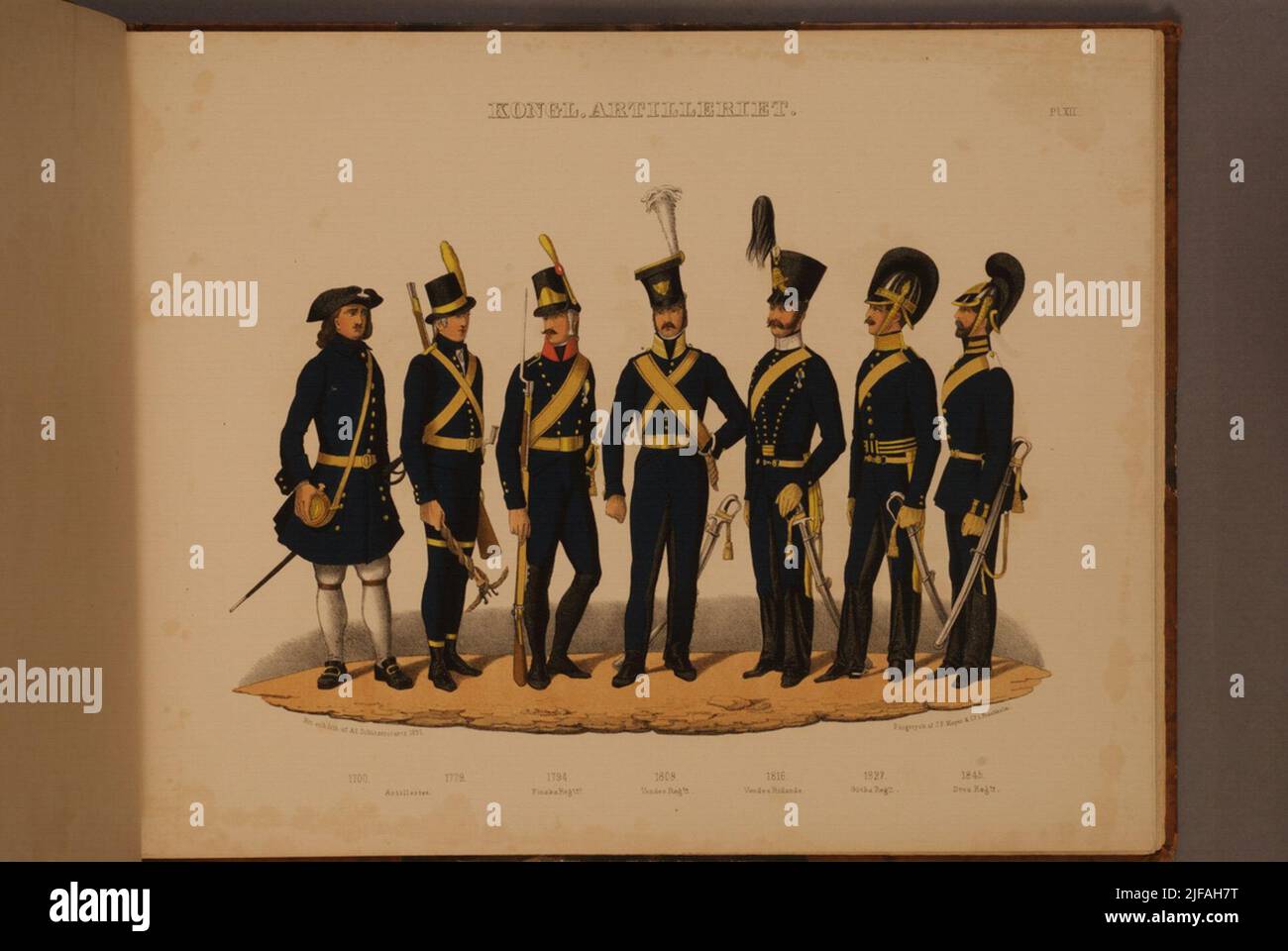 Poster con uniforme per l'artiglieria per gli anni 1700-1845. Stampa a colori dopo l'originale di Adolf Ulrik Schützercrantz. Incluso nella collezione di poster delle forze armate svedesi e dei tumuli attuali. Appartiene all'archivio del Museo dell'Esercito Foto Stock