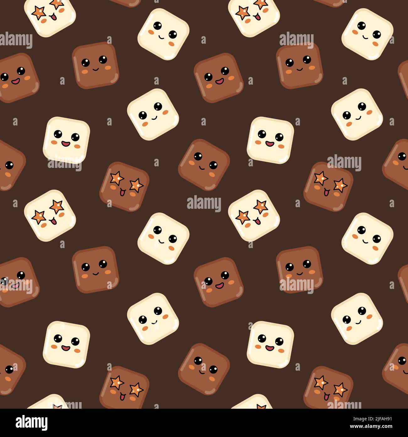 Latte bianco kawaii cioccolato cubetti senza cuciture. Sfondo della barra di cioccolato. Felice sorridente star occhi pezzi di personaggi di cioccolato. Illustrazione vettoriale Illustrazione Vettoriale