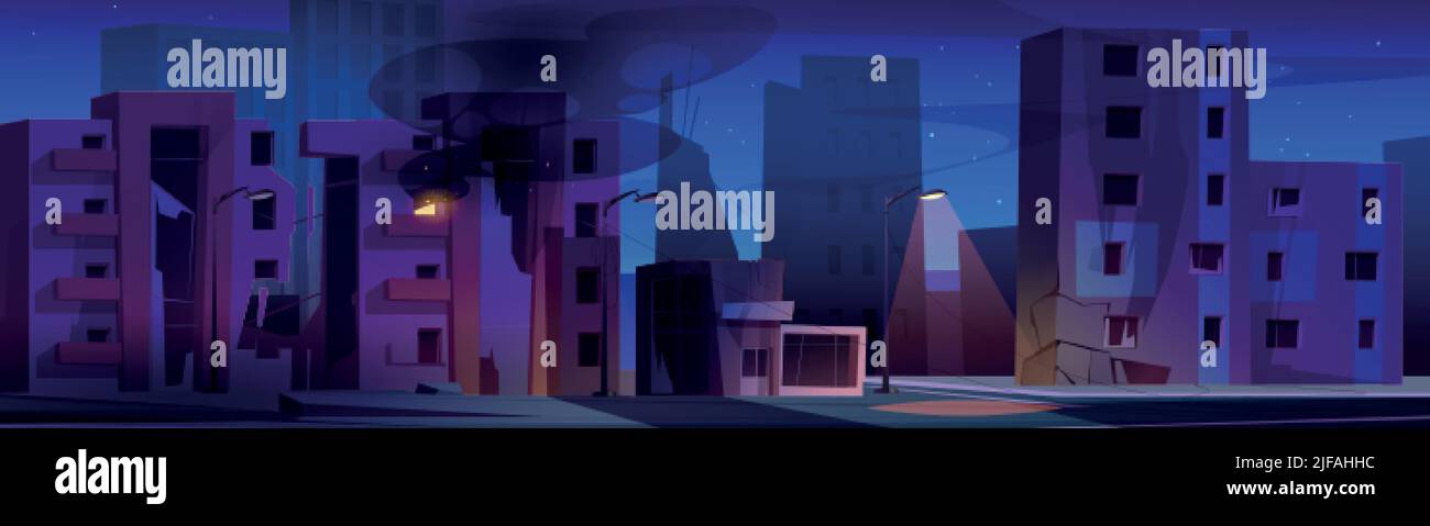 Città distrutta con case rotte di notte. Illustrazione vettoriale di cartoni animati di edifici abbandonati con crepe e fuoco all'interno, luci di strada su strada. Traino Illustrazione Vettoriale
