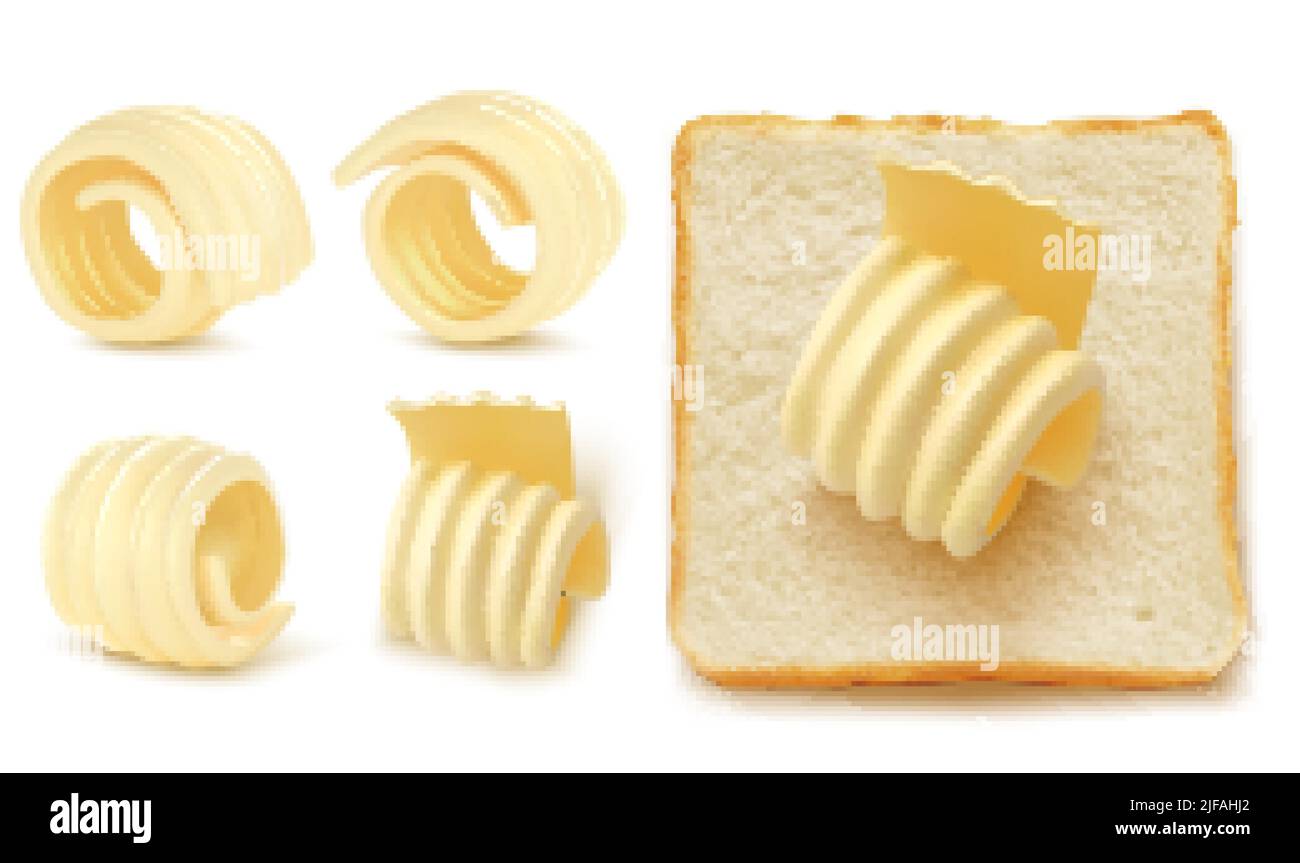 Fette quadrate di pane per sandwich o toast con ricci di burro o margarina arrotolata 3D isolato vettore set illustrazione realistica, vista dall'alto, tradizionale Illustrazione Vettoriale