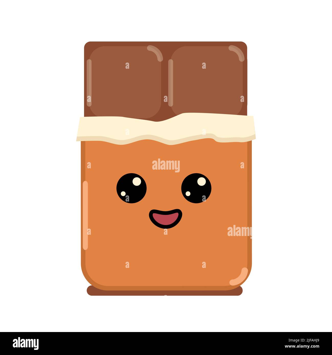 Kawaii cioccolato bar carino e divertente felice sorridente personaggio fumetto, cartone animato piatto emozionale kawaii pezzo di cioccolato al latte, felice mascotte dolce per icona Illustrazione Vettoriale