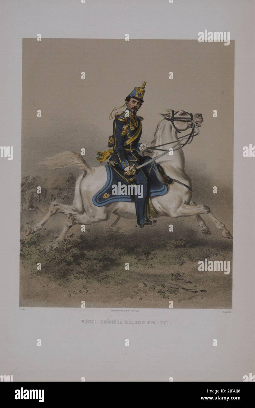 Presidente con uniforme per il reggimento del drago Skåne. Stampa postale a colori di Fritz von Dardel. Incluso nella collezione di poster le uniformi dell'esercito svedese e norvegese, 1861-1863. Appartiene all'archivio dell'Armemuseum Foto Stock