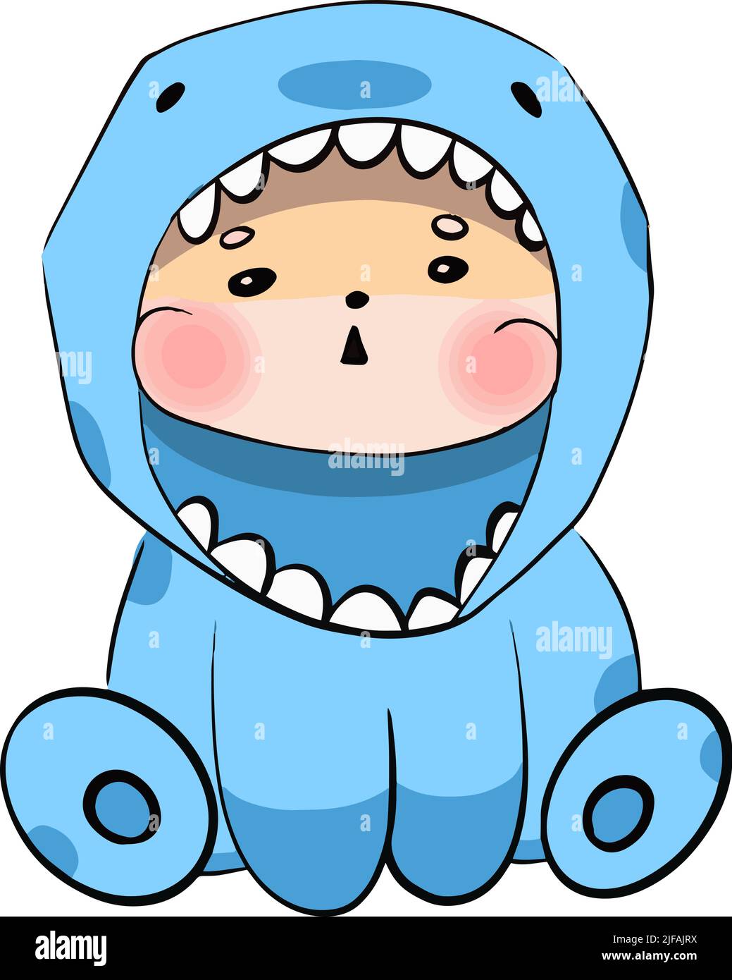 Shiba Inu cane siede in un costume di squalo e sta andando andare ad Halloween lei manda un bacio Illustrazione Vettoriale