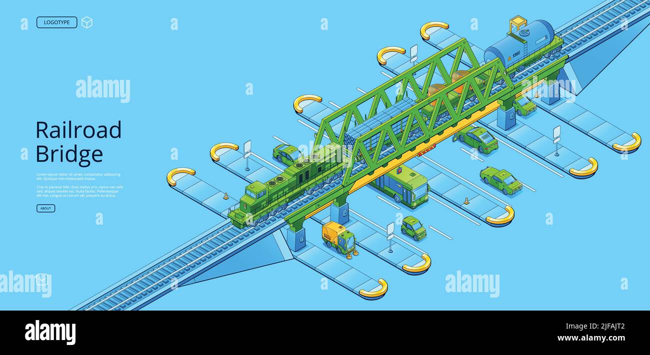 Banner ponte ferroviario con cargo treno isometrico con locomotiva, carri armati e piattaforme su viadotto su autostrada con auto, autobus e spazzatrice. Post vettore Illustrazione Vettoriale