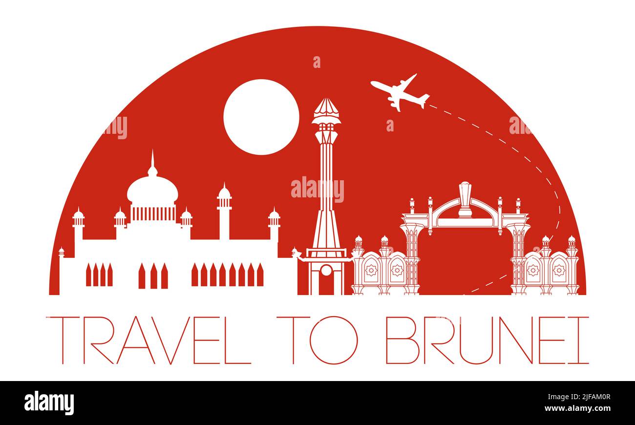 Brunei famoso simbolo stile silhouette con testo all'interno, illustrazione vettoriale Illustrazione Vettoriale