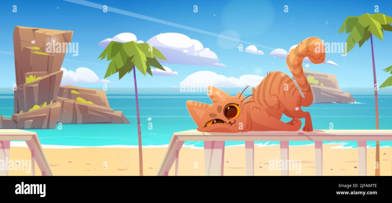 Carino gatto sfrega contro recinzione su terrazza di legno sulla spiaggia di mare. Illustrazione vettoriale di cartoni animati del paesaggio tropicale estivo con palme e divertente tabby k Illustrazione Vettoriale